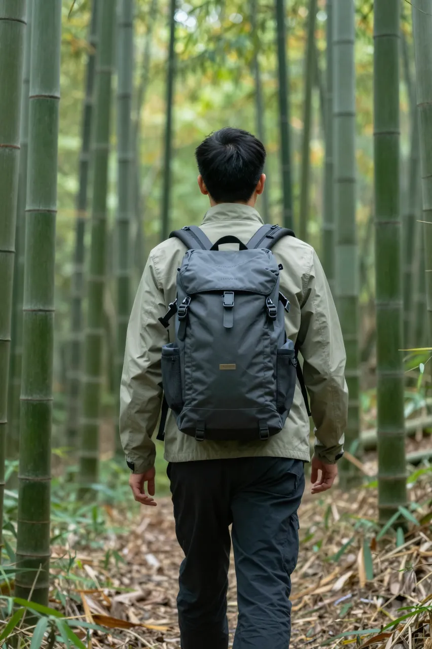 Back view of a man with a backpack walking along a path in a dense bamboo forest