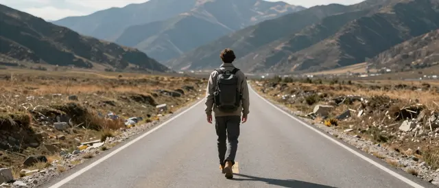 A lone traveler viewed from behind walks along a straight paved road toward a distant mountain range