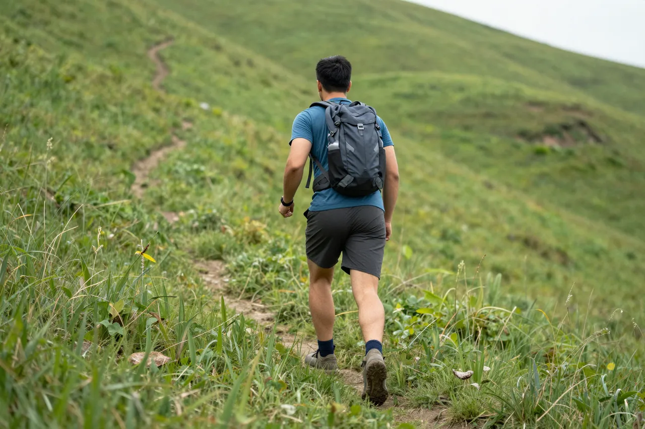 A man seen from behind hikes along a dirt trail up a lush green grassy hill
