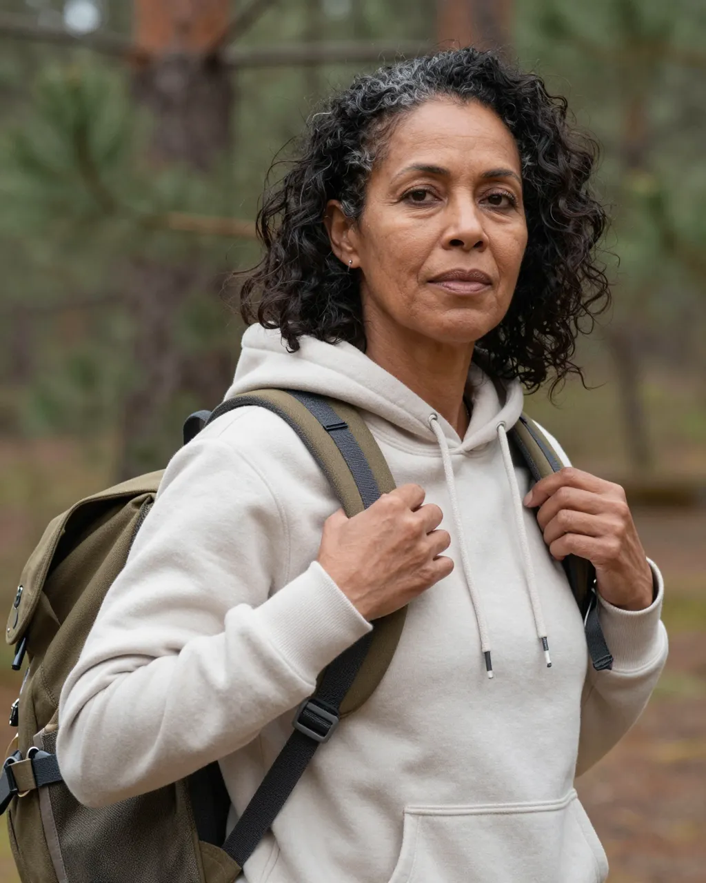 A middle aged mixed race woman holds her backpack straps while standing in a pine forest