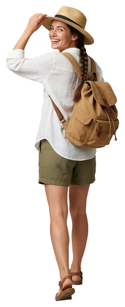Happy woman with a long braid holds her straw hat brim while looking back over her shoulder