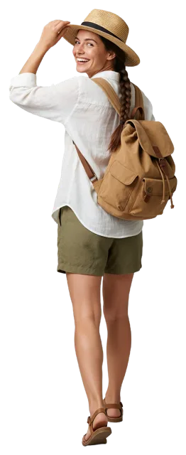 Happy woman with a long braid holds her straw hat brim while looking back over her shoulder