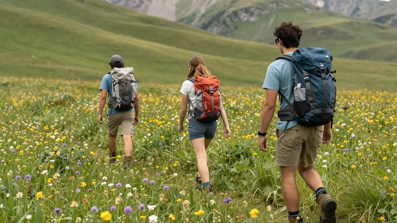 Three hikers viewed from behind walk through a blooming alpine wildflower meadow toward distant rolling mountains.
