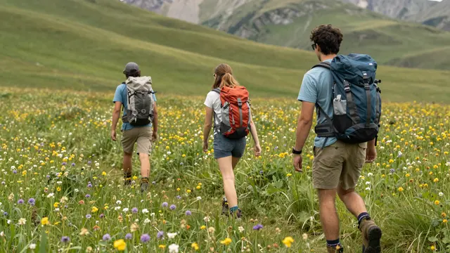 Three hikers viewed from behind walk through a blooming alpine wildflower meadow toward distant rolling mountains.
