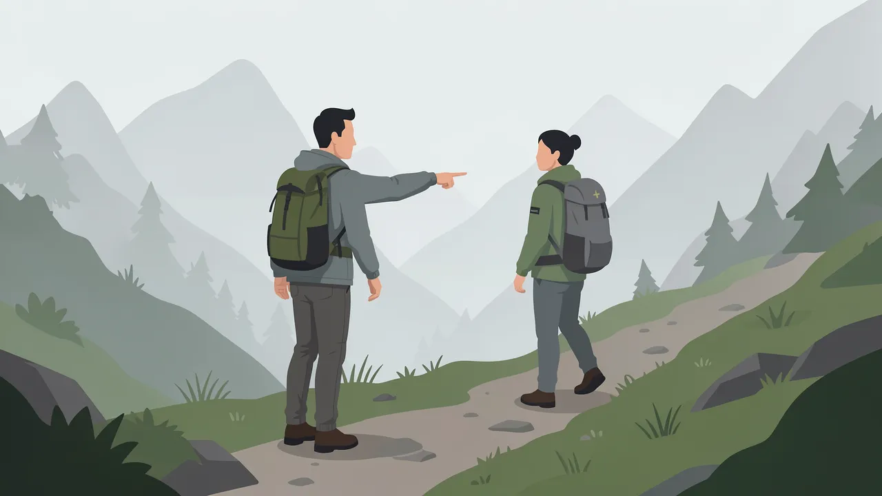 Two faceless hikers stand on a misty mountain trail as one points the way forward
