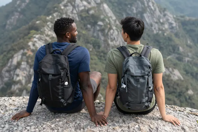 Two male hikers sit on a rocky summit looking out at a mountain range
