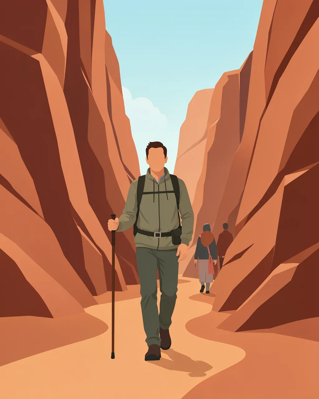Faceless hikers walk along a sandy path through terracotta desert canyon walls
