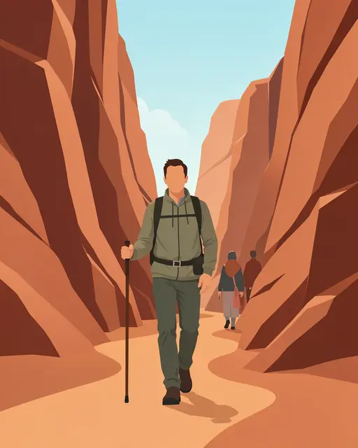 Faceless hikers walk along a sandy path through terracotta desert canyon walls