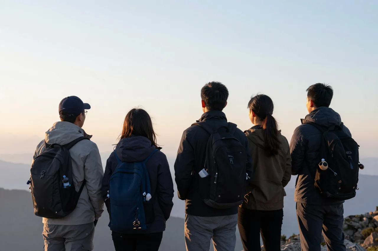 Group of adult hikers stand on a mountain summit facing the rising sun, viewed from behind