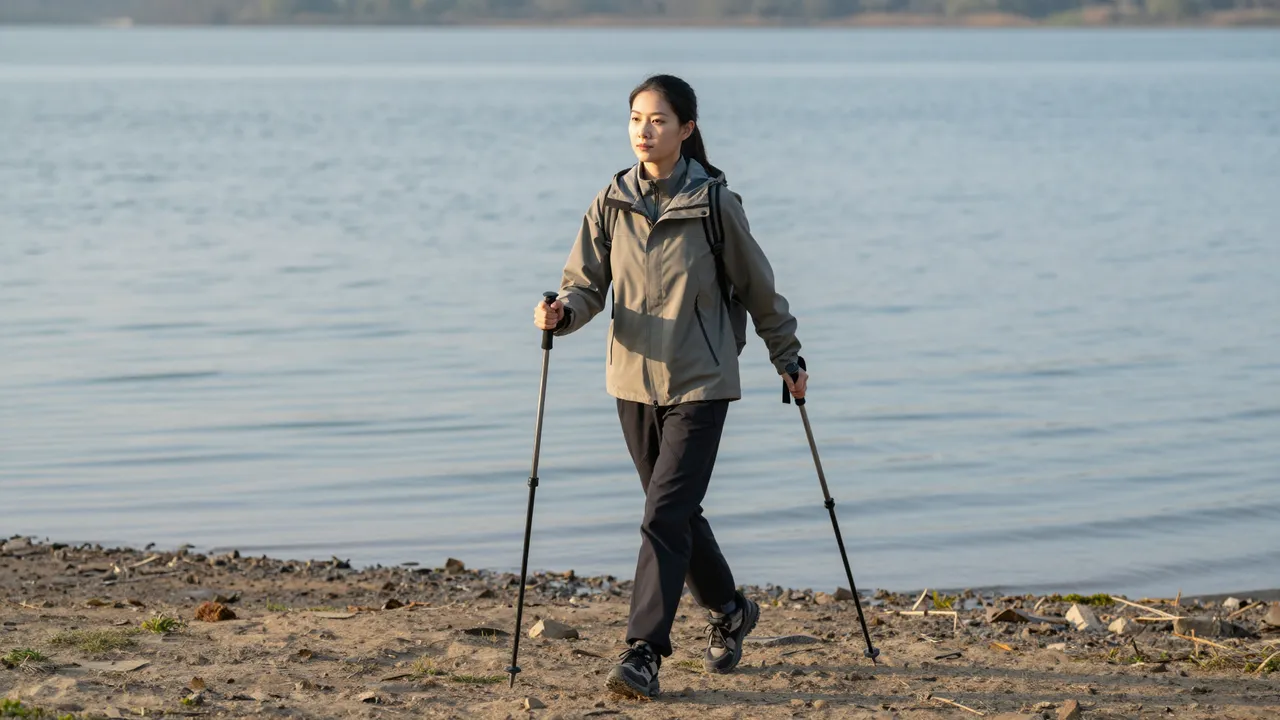 An East Asian woman in hiking gear walks with trekking poles along a calm lake shore at dawn