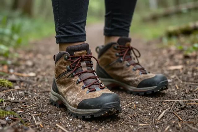 Close-up of worn brown hiking boots on a dirt forest trail, with a hiker's lower legs visible above the footwear.