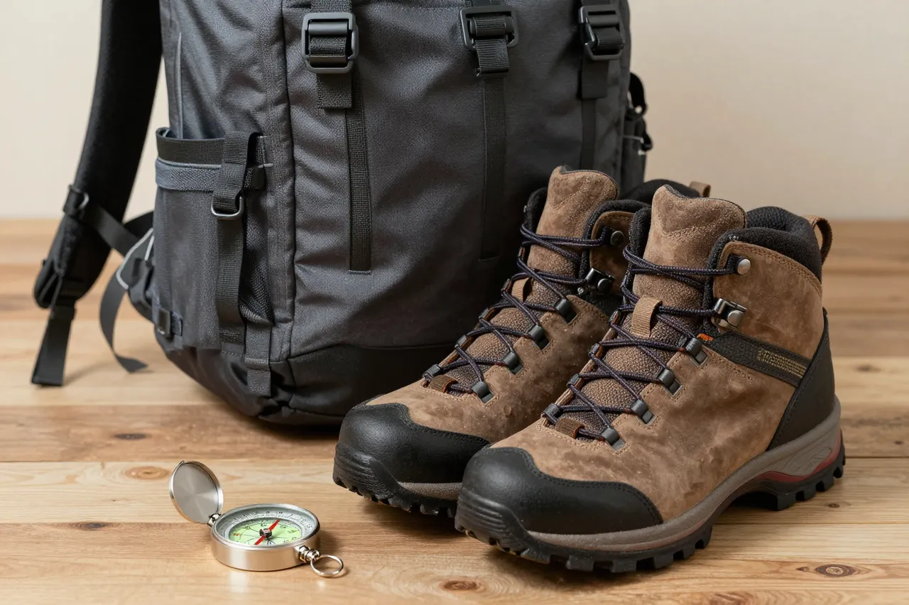 A gray backpack, pair of brown hiking boots and brass compass sit on a light wooden floor against a plain wall.