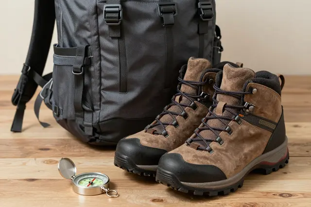 A gray backpack, pair of brown hiking boots and brass compass sit on a light wooden floor against a plain wall.