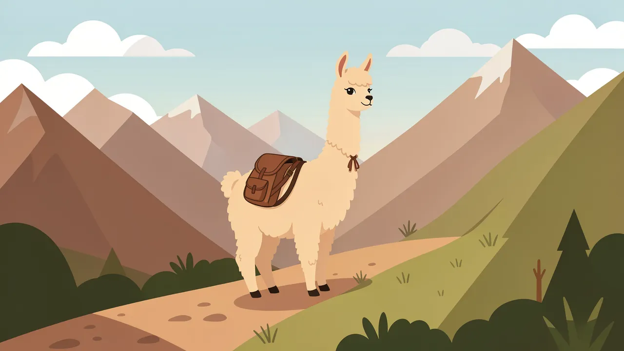 A cute fluffy llama with a small backpack stands on a dirt mountain trail surrounded by peaks and soft clouds