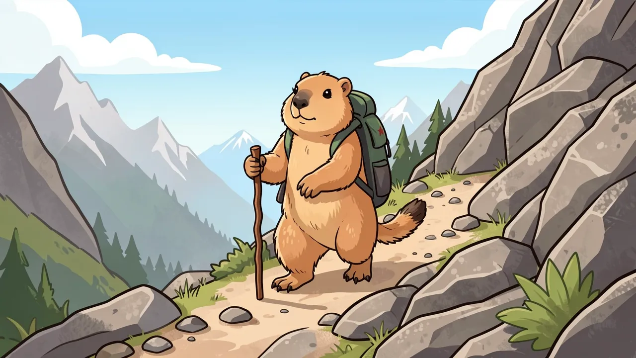 A cute cartoon marmot with a backpack and walking stick stands on a rocky alpine hiking trail