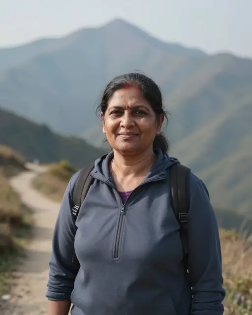 Smiling middle aged South Asian woman stands on a winding dirt mountain trail with blurred peaks behind her