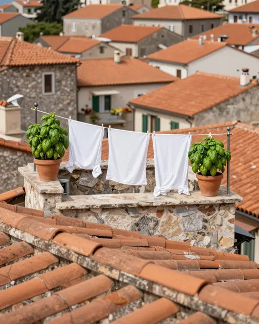 Stone rooftop terrace with potted basil and white laundry overlooking terracotta roof townscape