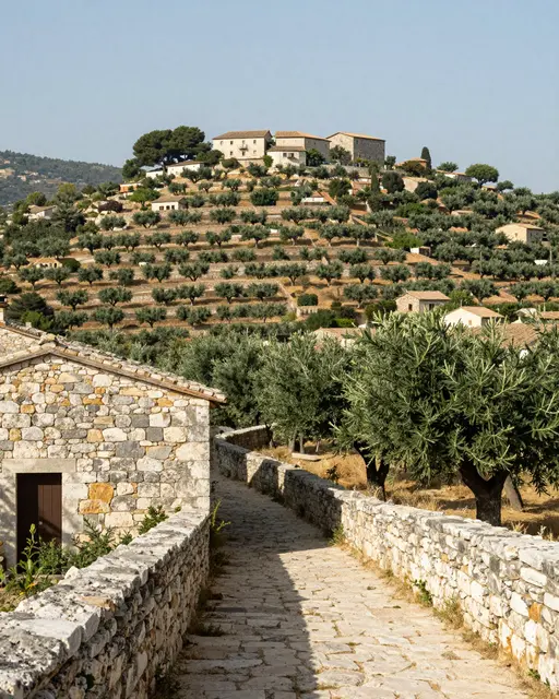 A pale stone lane winds downhill past olive tree terraces to a sunlit hilltop village under hazy summer skies