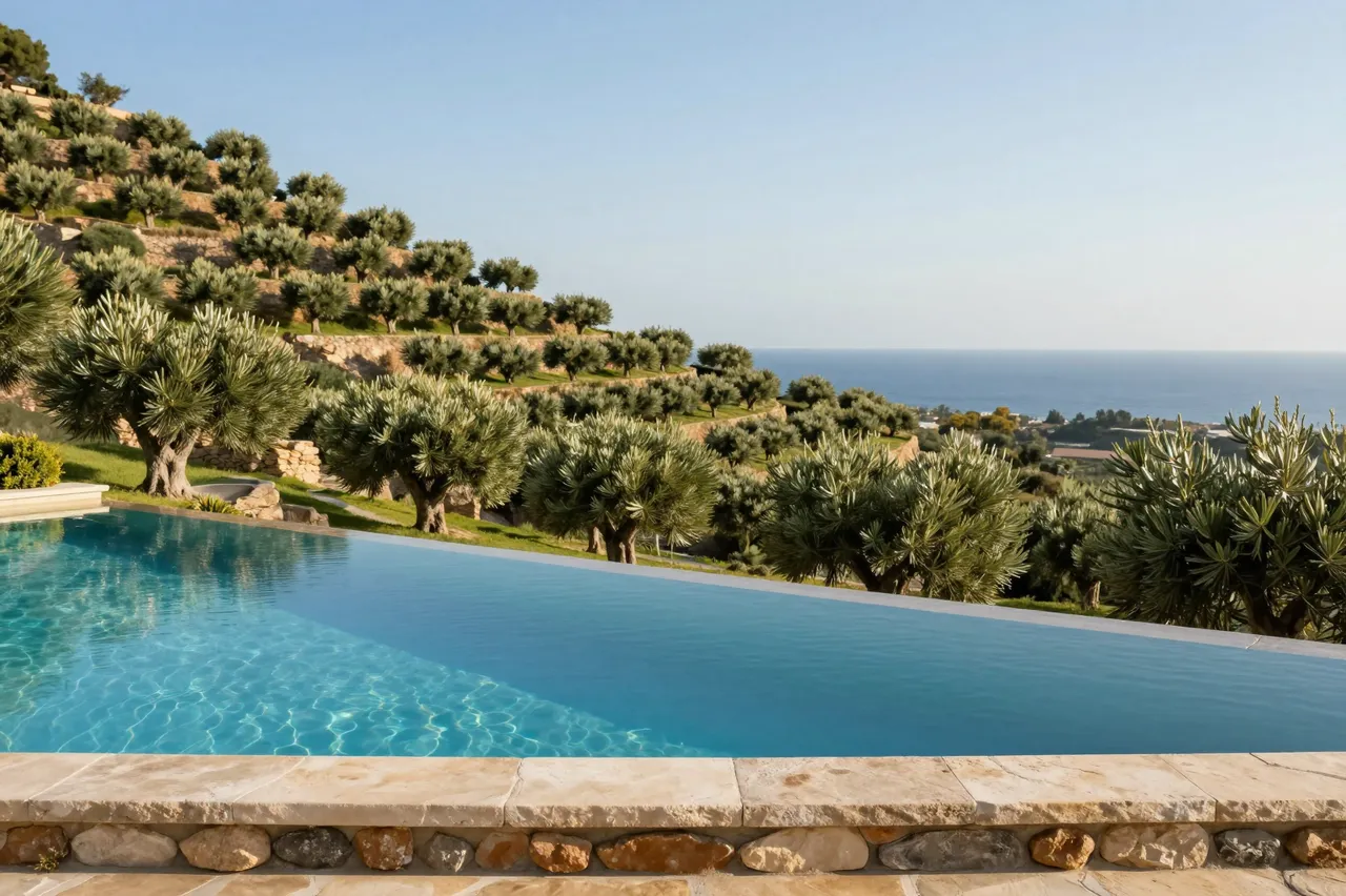 Infinity resort pool with stone edge overlooks terraced olive groves and a distant sea under clear late afternoon sky