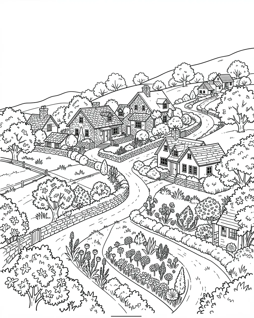 Intricate black and white line art of a rolling hillside village with cottages, gardens and winding lanes on a plain white