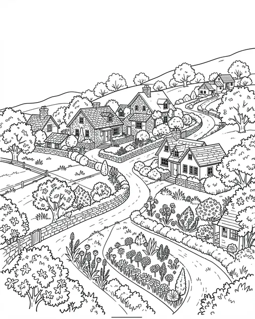 Intricate black and white line art of a rolling hillside village with cottages, gardens and winding lanes on a plain white