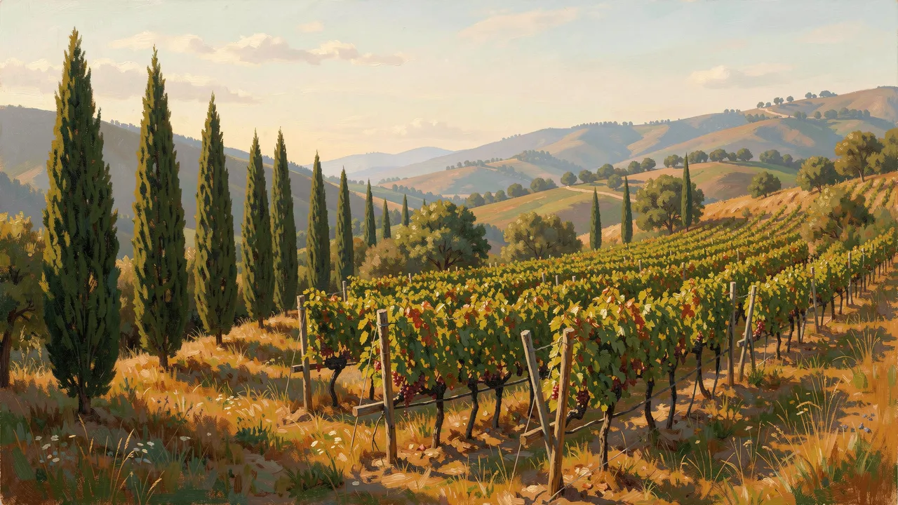 Plein air painting of a sunlit hillside vineyard with a row of tall cypress trees rolling distant hills