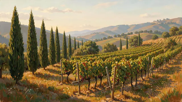 Plein air painting of a sunlit hillside vineyard with a row of tall cypress trees rolling distant hills