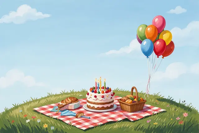 Gouache illustration of a birthday picnic setup on a grassy hill with an empty blue sky, cake, balloons and a picnic basket.