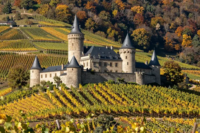 A stone hilltop castle with conical towers stands surrounded by terraced autumn vineyards and fall forest hillsides.