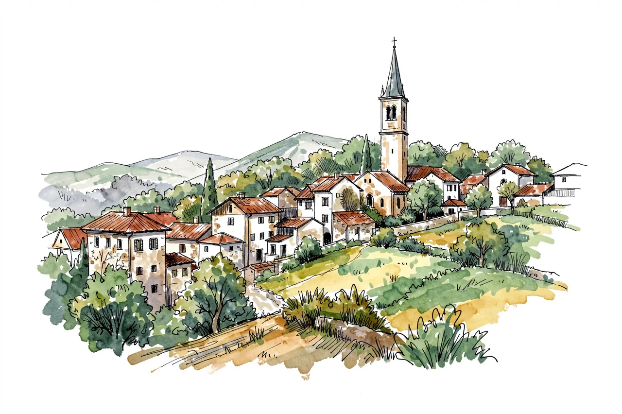 Ink and watercolor sketch of a hillside village with red tiled roofs and a stone church spire