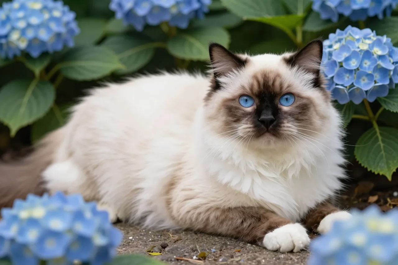 Fluffy cream Himalayan cat with dark points and bright blue eyes rests between blue hydrangea blooms in a garden.