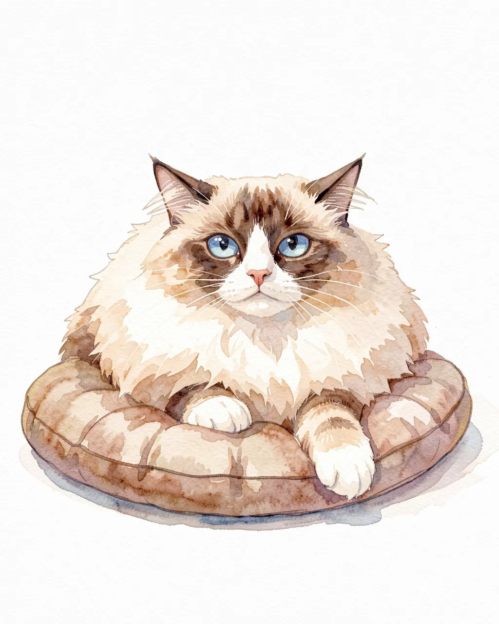 Watercolor illustration of a fluffy cream and chocolate point Himalayan cat resting on a plush round cushion
