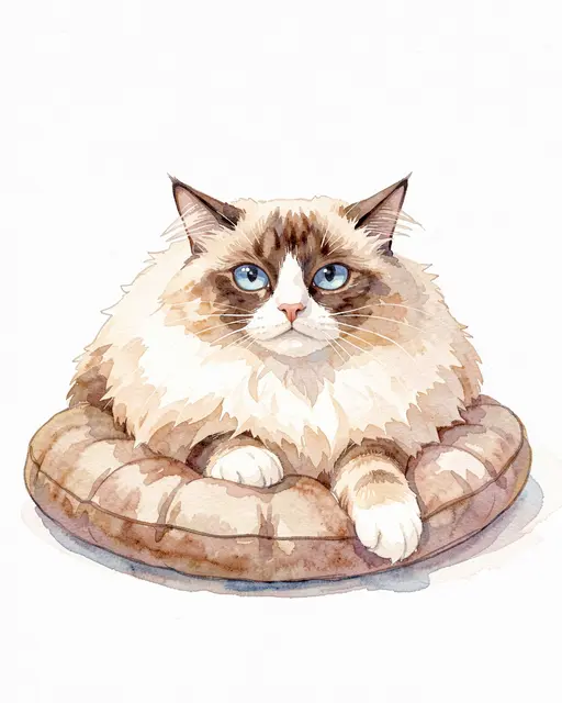 Watercolor illustration of a fluffy cream and chocolate point Himalayan cat resting on a plush round cushion