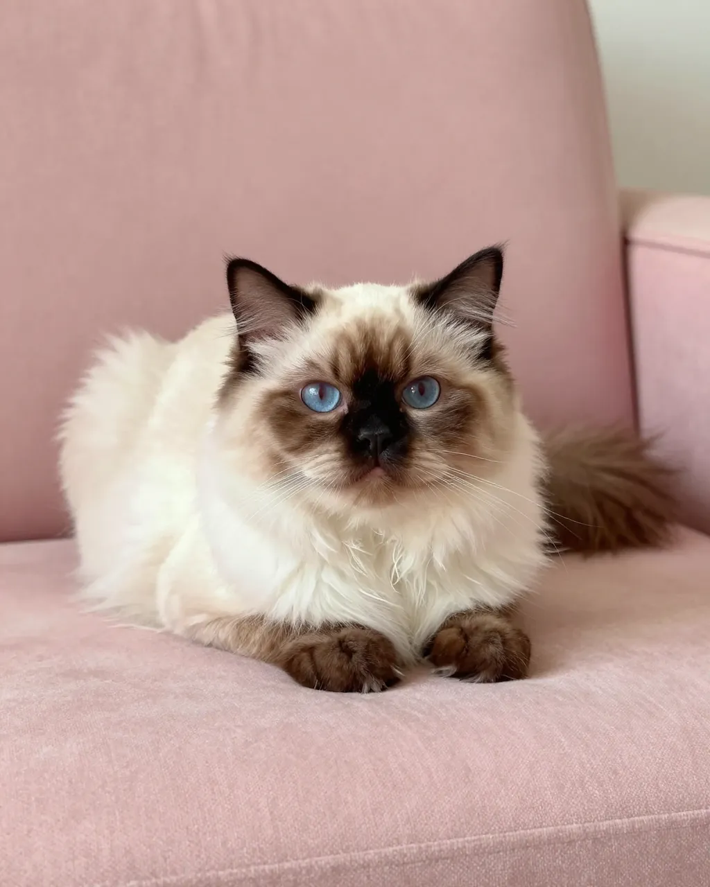 Fluffy long-haired Himalayan cat with chocolate points and blue eyes rests on a blush pink fabric sofa.
