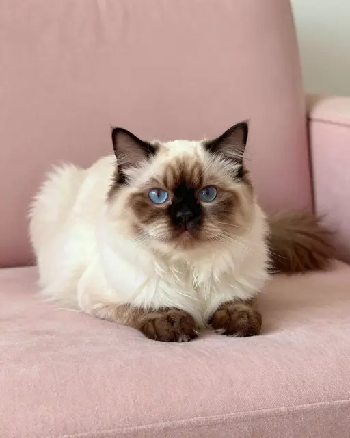 Fluffy long-haired Himalayan cat with chocolate points and blue eyes rests on a blush pink fabric sofa.