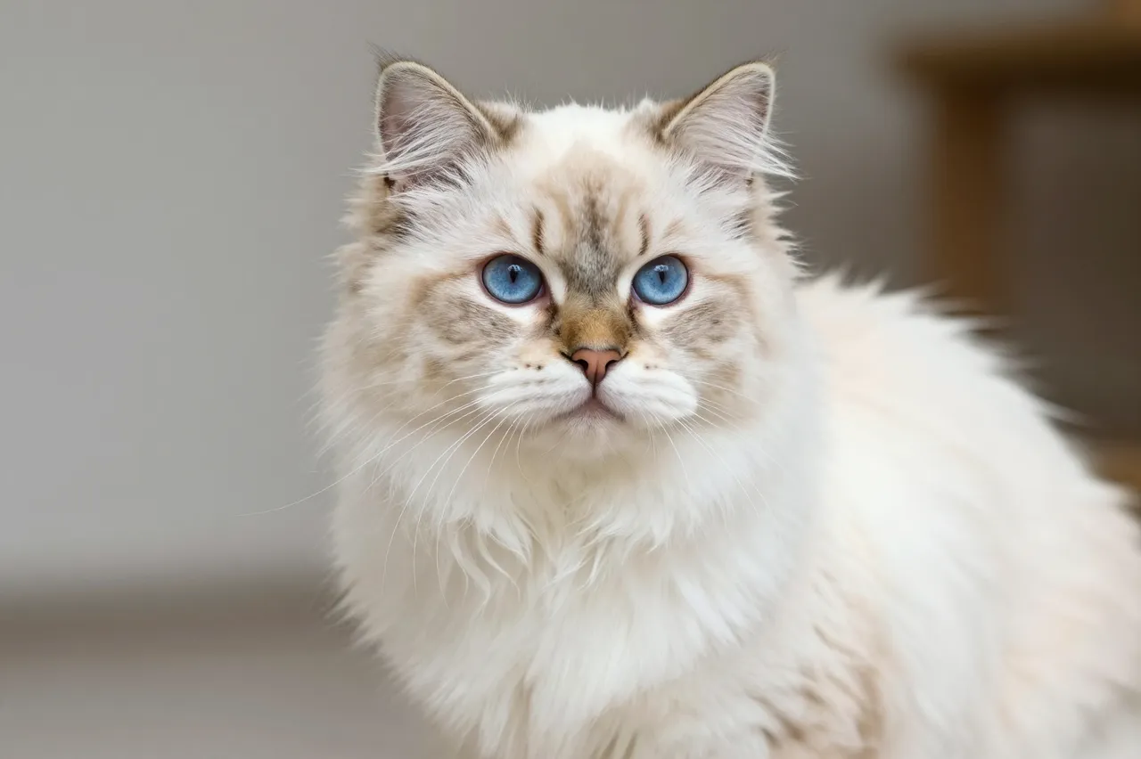 Close-up portrait of a long cream-coated Himalayan cat with bright blue eyes gazing at the viewer