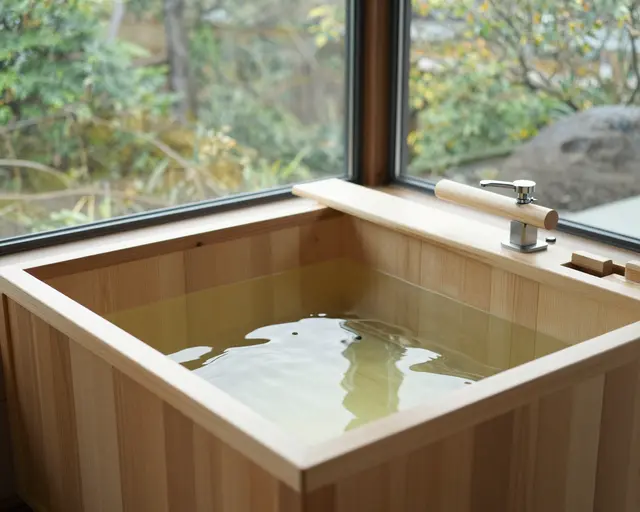 A filled hinoki wood soaking tub sits next to a large window overlooking a lush outdoor garden.