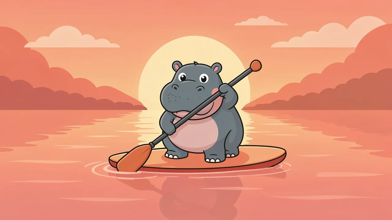 Cute cartoon hippo paddles a small board on a calm lake at sunrise in a soft coral palette