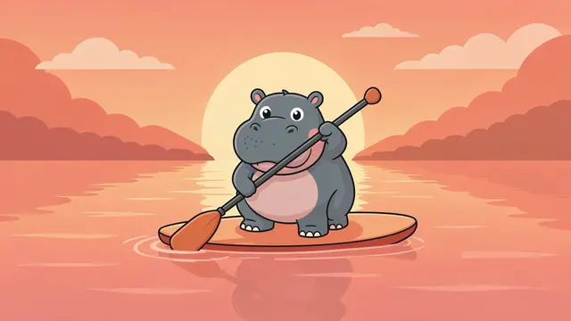 Cute cartoon hippo paddles a small board on a calm lake at sunrise in a soft coral palette