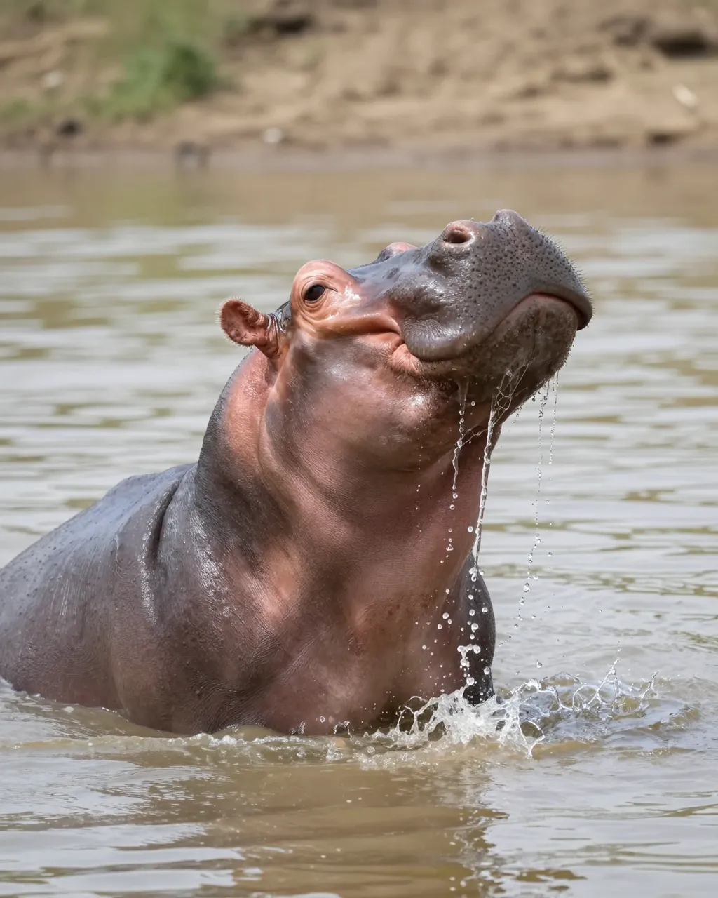 A hippopotamus lifts its head above muddy river water as streams drip from its muzzle