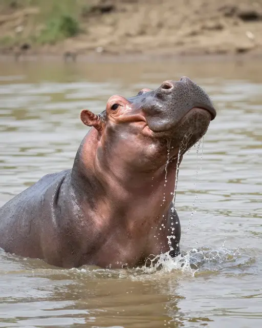 A hippopotamus lifts its head above muddy river water as streams drip from its muzzle