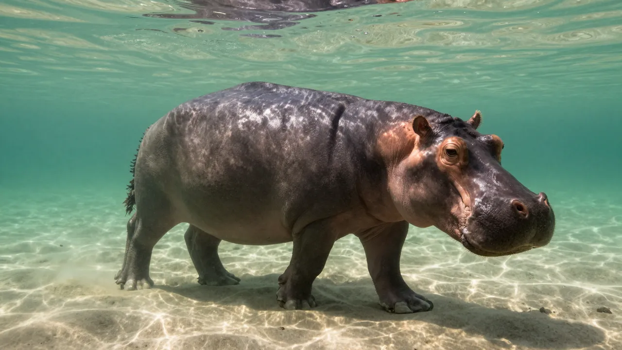 A hippopotamus stands on a sandy river bottom beneath clear rippling green water.