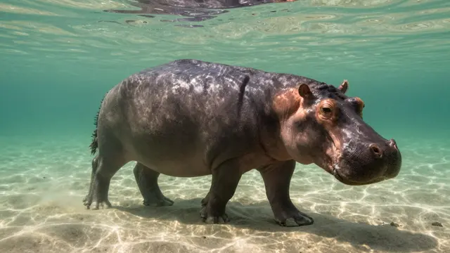 A hippopotamus stands on a sandy river bottom beneath clear rippling green water.