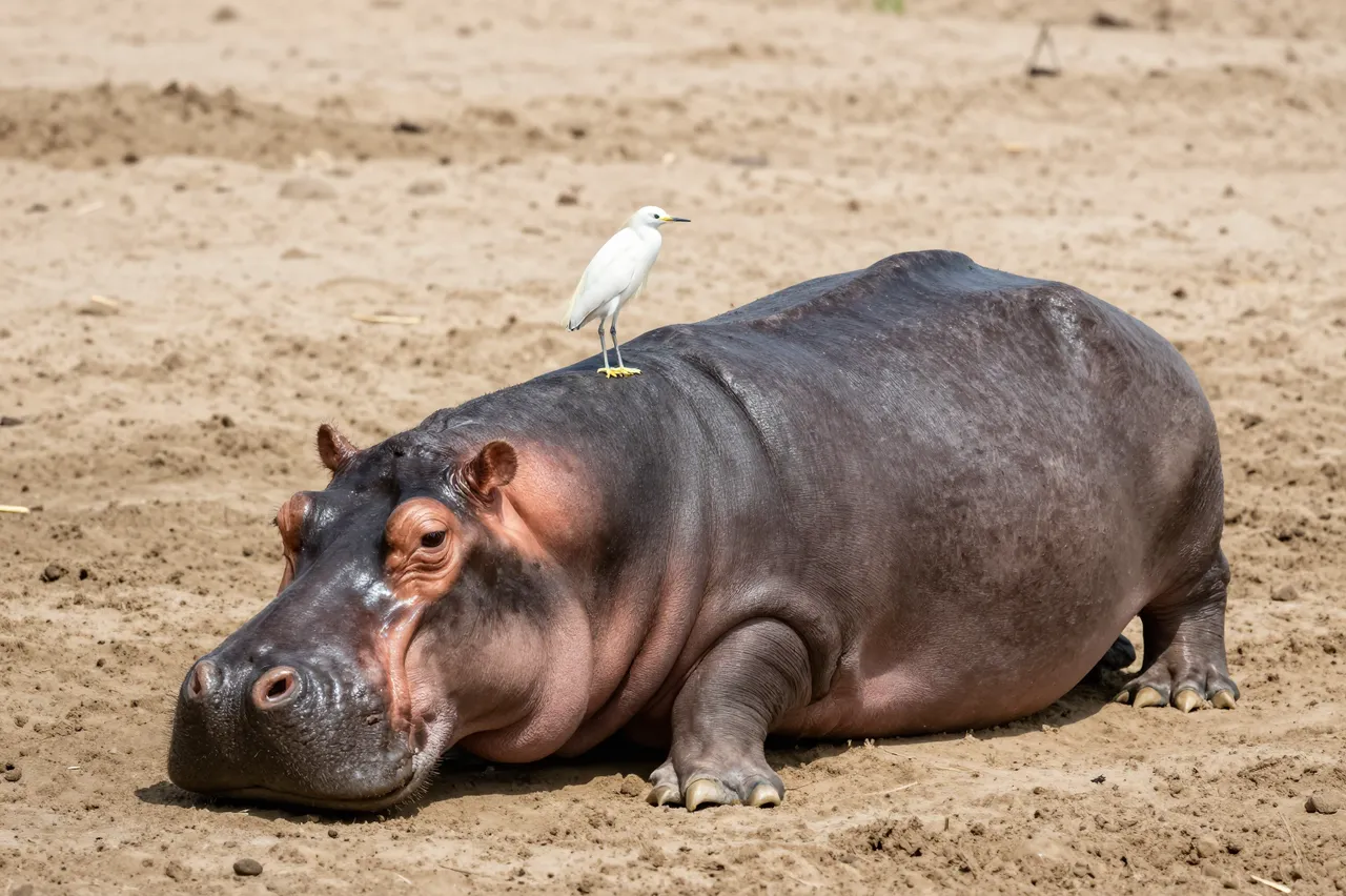 A resting hippopotamus on sunlit sand has a white cattle egret perched on its back