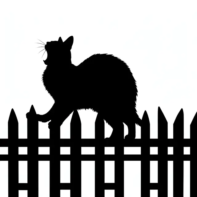 Solid black silhouette of an arched hissing cat standing on a garden picket fence against a plain white background