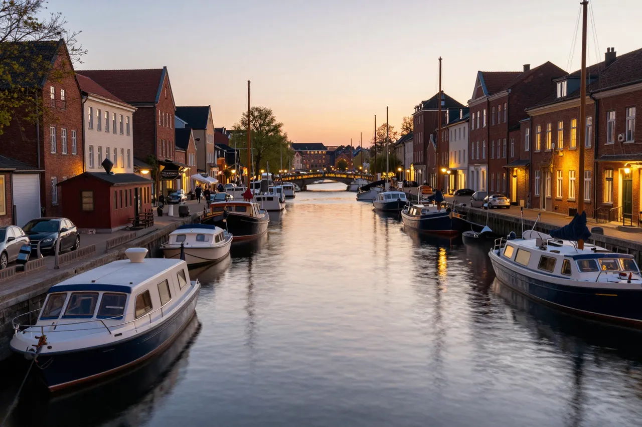 Moored line boats line a quiet historic city canal as warm street lights glow at dusk