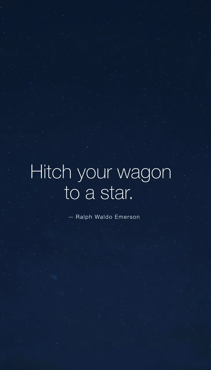White sans-serif quote "Hitch your wagon to a star." with Emerson attribution on a dark navy starry night sky phone