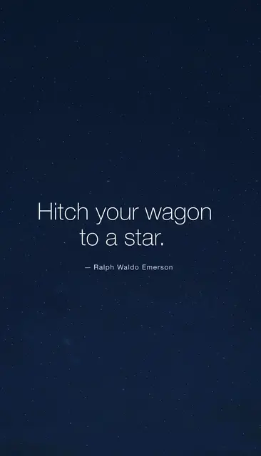 White sans-serif quote "Hitch your wagon to a star." with Emerson attribution on a dark navy starry night sky phone
