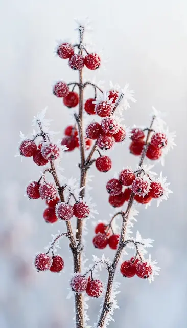 Delicate hoarfrost crystals coat clusters of bright red winter berries against a soft pale blurred background