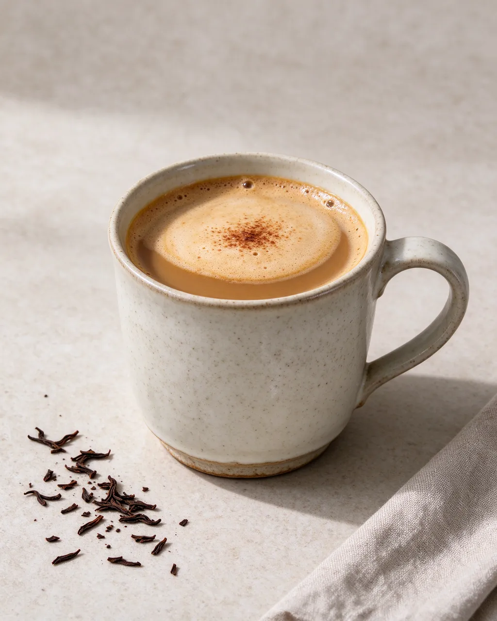 A speckled ceramic cup of hojicha latte with caramel foam sits beside loose tea leaves on a light countertop.